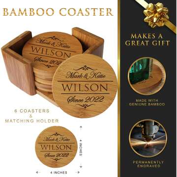 Personalized Bamboo Coasters with Holder - Custom Engraving