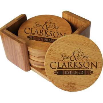 Personalized Bamboo Coasters with Holder - Custom Engraving