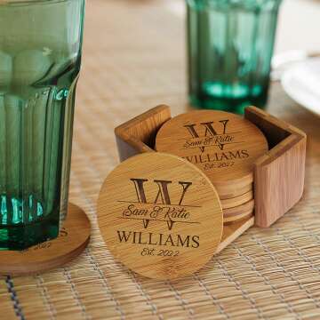 Personalized Bamboo Coasters with Holder - Custom Engraving