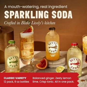 Betty Buzz Premium Sparkling Soda Classic Mixer Variety Pack by Blake Lively (12 pack), Tonic Water, Ginger Beer, Sparkling Lemon Lime, | Real Juice, Natural Flavors, Only Clean Ingredients