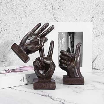 Creative Hand Statues Finger Gesture Sculpture Abstract Resin Hand Sculptures Finger Signs Marks Figurines Decor for Home Living Room Office Cabinet Shelf (coppery Victory)