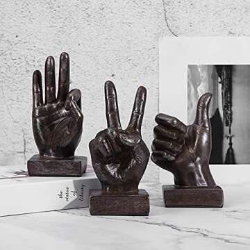 Creative Hand Statues Finger Gesture Sculpture Abstract Resin Hand Sculptures Finger Signs Marks Figurines Decor for Home Living Room Office Cabinet Shelf (coppery Victory)