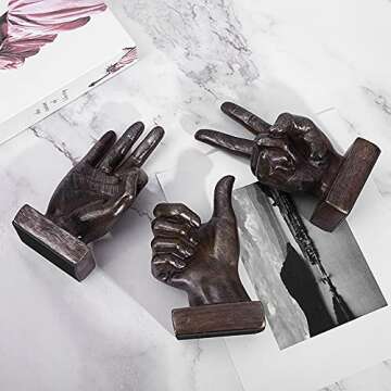 Creative Hand Statues Finger Gesture Sculpture Abstract Resin Hand Sculptures Finger Signs Marks Figurines Decor for Home Living Room Office Cabinet Shelf (coppery Victory)