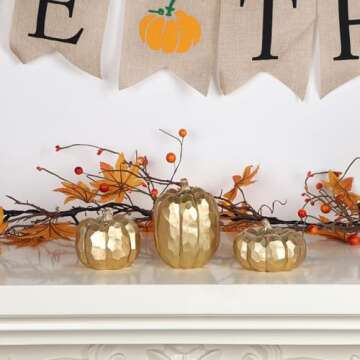 winemana Pumpkins Fall Decor Indoor- Set of 3 Thanksgiving Table Decorations, Artificial Pumpkins Decor for Fall Table Runner, Harvest Autumn, Home Mantel, Office (Elegant Gold)