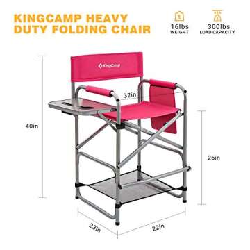 KingCamp Heavy Duty Folding Portable Camping High Directors Chair for Adluts with Side Table Storage Pockets for Outdoor Makeup Patio Lawn Fishing Sports Backpacking, Rose, Oversize, Darkrose