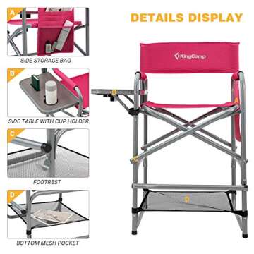 KingCamp Heavy Duty Folding Portable Camping High Directors Chair for Adluts with Side Table Storage Pockets for Outdoor Makeup Patio Lawn Fishing Sports Backpacking, Rose, Oversize, Darkrose