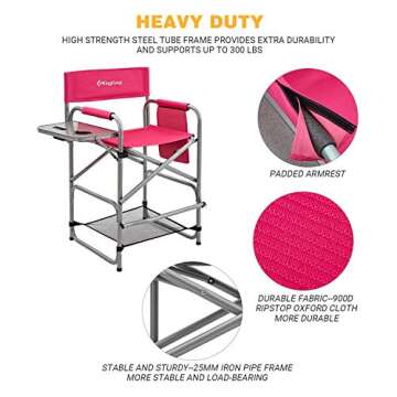 KingCamp Heavy Duty Folding Portable Camping High Directors Chair for Adluts with Side Table Storage Pockets for Outdoor Makeup Patio Lawn Fishing Sports Backpacking, Rose, Oversize, Darkrose