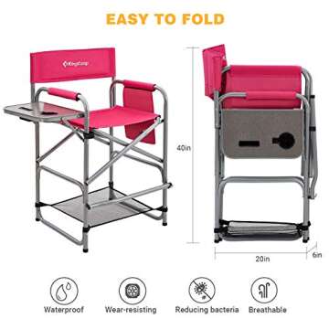 KingCamp Heavy Duty Folding Portable Camping High Directors Chair for Adluts with Side Table Storage Pockets for Outdoor Makeup Patio Lawn Fishing Sports Backpacking, Rose, Oversize, Darkrose