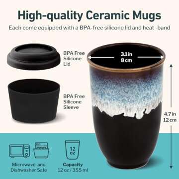 NOVA CERAMICS 12oz Travel Coffee Mug - Unique Microwave & Dishwasher Safe Tumbler With Lid - Gifts For Women & Men