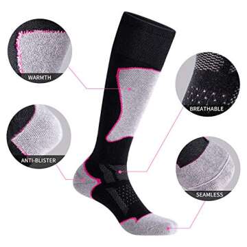 CelerSport 2 Pack Women's Ski Socks for Skiing, Snowboarding, Cold Weather, Warm Thermal Socks Winter Performance Socks, Black+Rose Red, Medium