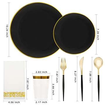 Brittany 350pcs Black and Gold Plastic Dinnerware Set, Includes Cups, Napkins, Plates, and Forks