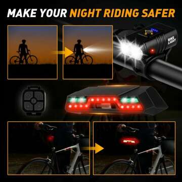 Bike Tail Light with Turn Signals 7 Modes Remote Control and 6 Modes 1000lm Bike Headlights, USB Rechargeable Waterproof Cycling Taillight Set Suitable for Night Riding