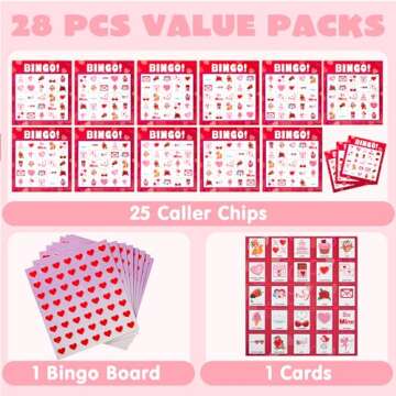 JOYIN Bingo Game Cards (5x5) – 28 Players for Kids Party Gift, School Classroom Love Supplies, Family Entertainment Activities