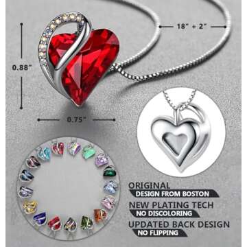 Leafael Holiday Gift Necklaces for Women, Infinity Love Garnet Ruby Red Heart Pendant, January July Birthstone Crystal, Silver Plated 18" + 2" Chain, Christmas Jewelry or Birthday Gifts for Mom & Wife