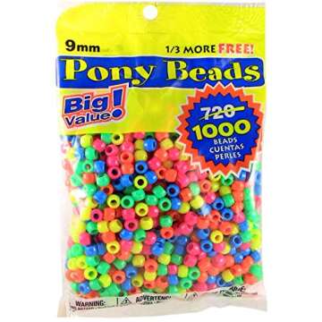 Darice Assorted Neon Pony Beads – Great Craft Projects for All Ages – Bead Jewelry, Ornaments, Key Chains, Hair Beading – Round Plastic Bead With Center Hole, 9mm Diameter, 1,000 Beads Per Bag