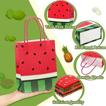 24 Pieces Summer Fruit Party Favor Bags, Paper Tutti Frutti Gift Treat Bag with Colorful Handle Candy Goodie Bag for Themed Birthday Baby Shower Party Supplies (Watermelon Kiwi Strawberry Orange)