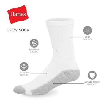 Hanes Men's Double Tough Crew Socks - 12-Pack, White/Grey, Sizes 6-12