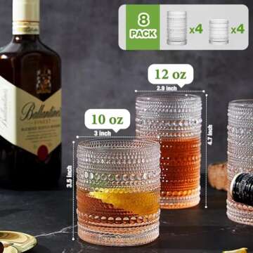 Hlukana Vintage Hobnail Drinking Glasses Set of 8, 12 oz Highball Glasses & 10 oz Cocktail Glasses Set, Kitchen Water Glasses Cup, Bar Tumbler Glassware Set for Beer, Juice, Cocktail, Whiskey, Milk