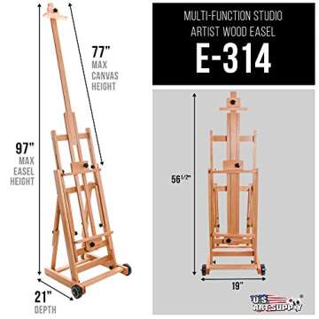 U.S. Art Supply Master Multi-Function Studio Artist Wooden Floor Easel - Large Adjustable H-Frame, Tilts Flat, Mast Adjusts to 97" High - Sturdy Beechwood Painting Canvas Holder Stand with Wheels