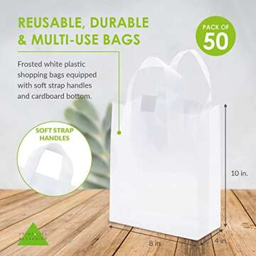 Prime Line Packaging 8x4x10 50 Pack Small Frosted White Clear Bags, Plastic Bags with Handles, Shopping Bags for Small Business, Merchandise Bags Bulk