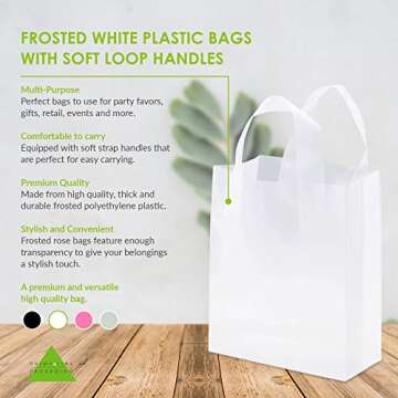 Prime Line Packaging 8x4x10 50 Pack Small Frosted White Clear Bags, Plastic Bags with Handles, Shopping Bags for Small Business, Merchandise Bags Bulk