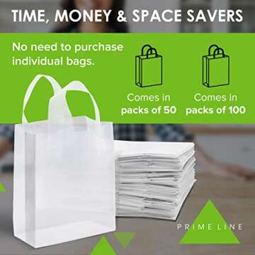 Prime Line Packaging 8x4x10 50 Pack Small Frosted White Clear Bags, Plastic Bags with Handles, Shopping Bags for Small Business, Merchandise Bags Bulk