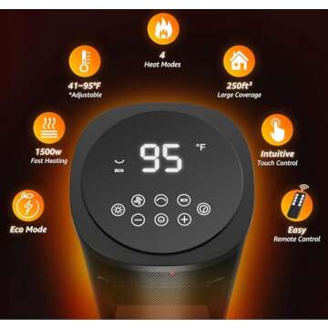 Space Heater, Portable Electric Heaters for Indoor Use with Adjustable Thermostat and Remote, 70° Oscillation, 1-12h Timer, 4 Modes, 1500W PTC Ceramic Small Mini Heater for Office Bedroom Large Room