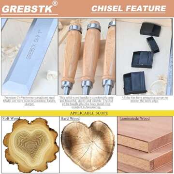 GREBSTK 9.5in Wood Chisel Set for Precision Woodworking