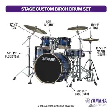 Yamaha Stage Custom Birch 5pc Shell Pack with a 20" Kick 14” Snare Drum in Deep Blue Sunburst for Students and Working Drummers (SBP0F50DUS)