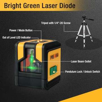 PREXISO Laser Level with Tripod, 100Ft Dual Modules Self Leveling Cross Line Laser Level, Green Line leveler Tool for Floor Tile, Home Renovation, Construction with 26in Tripod, 2 AA Batteries