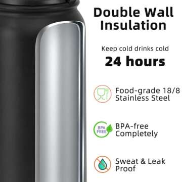 Fanhaw 20 Oz Insulated Stainless Steel Water Bottle with 1 Lid (Chug Lid) - For Kids, Women, Men | Leak & Sweat Proof with Anti-Dust Lid (Black)