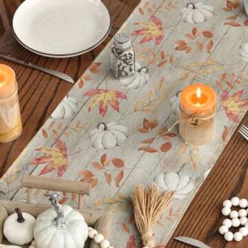 Artoid Mode Pumpkins Maple Leaves Beige Wood Fall Table Runner, Seasonal Autumn Kitchen Dining Table Decoration for Home Party Decor 13x36 Inch