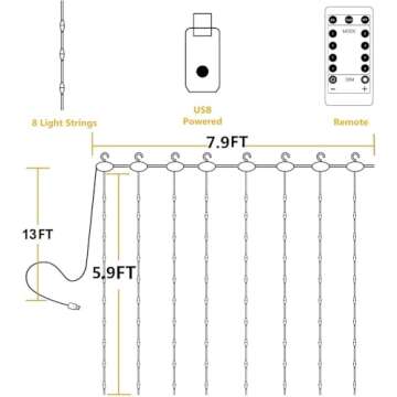 YEOLEH String Lights Curtain,USB Powered Fairy Lights for Bedroom Wall Party,8 Modes & IP64 Waterproof Ideal for Outdoor Wedding Decor (White,7.9Ft x 5.9Ft)