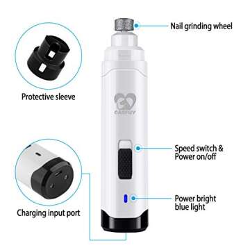 Casfuy Dog Nail Grinder Upgraded - Professional 2-Speed Electric Rechargeable Pet Nail Trimmer Painless Paws Grooming & Smoothing for Small Medium Large Dogs & Cats (White)