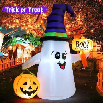 GOOSH 5 FT Halloween Inflatables Ghost Outdoor Decorations Blow Up Yard Cute Wizard Ghost with Pumpkin with Built-in LEDs for Garden Lawn Indoor Party Holiday Decor