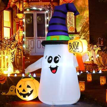 GOOSH 5 FT Halloween Inflatables Ghost Outdoor Decorations Blow Up Yard Cute Wizard Ghost with Pumpkin with Built-in LEDs for Garden Lawn Indoor Party Holiday Decor