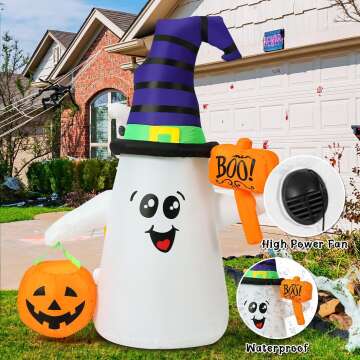 GOOSH 5 FT Halloween Inflatables Ghost Outdoor Decorations Blow Up Yard Cute Wizard Ghost with Pumpkin with Built-in LEDs for Garden Lawn Indoor Party Holiday Decor