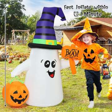 GOOSH 5 FT Halloween Inflatables Ghost Outdoor Decorations Blow Up Yard Cute Wizard Ghost with Pumpkin with Built-in LEDs for Garden Lawn Indoor Party Holiday Decor