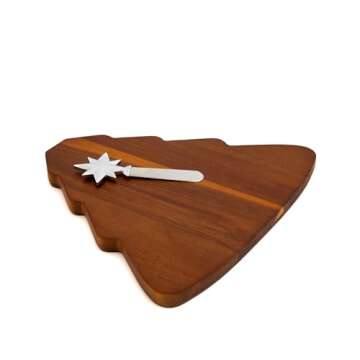 Nambe Christmas Tree Cheeseboard with Star-Shaped Spreader - 14.5-Inch Acacia Wood Serving Tray, Silver-Plated Detail, Ideal for Snacks, Appetizers, Fruit, Cheese - A Gift for Holiday Gatherings