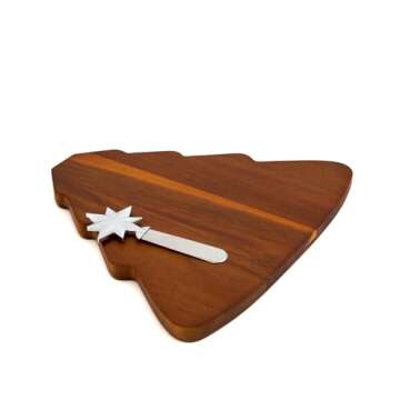 Nambe Christmas Tree Cheeseboard with Star-Shaped Spreader - 14.5-Inch Acacia Wood Serving Tray, Silver-Plated Detail, Ideal for Snacks, Appetizers, Fruit, Cheese - A Gift for Holiday Gatherings