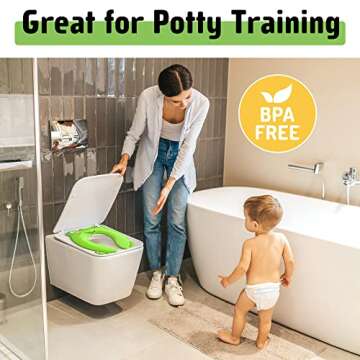 Portable Potty Seat for Toddler Travel - Foldable Non-Slip Potty Training Toilet Seat Cover for Boys Girls, Baby Kids with Drawstring Bag (Green Frog)