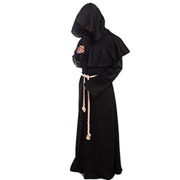 Friar Medieval Hooded Monk Renaissance Priest Robe Costume Cosplay Black