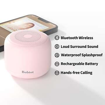 Bobtot Portable Bluetooth Speakers with Strap Easy to Carry, Wireless IPX5 Waterproof Mini Speaker with Loud Stereo Sound, 20 Hours Playtime, Rechargeable Battery, Built-in Microphone, Pink