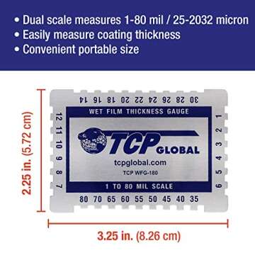 TCP Global Wet Film Thickness Gauge Comb, 1-80 Mil Scale, Step and notched for Paints Resins