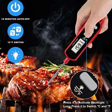 Lonicera Digital Cooking Thermometer for Bread Baking, Food and Water Temperature Measurement. Waterproof and Long Stem with Meat Temp Guide, Display with Backlit (Red)