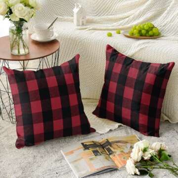 Pack of 2 Classic Farmhouse Buffalo Check Plaids Polyester Linen Soft Soild Decorative Square Throw Pillow Covers Home Decor Outdoor Cushion Case for Sofa Bedroom 18 x 18 Inch, Black and Red