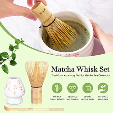 MYCHA Japanese Matcha Tea Set, Matcha Whisk, Traditional Scoop, Matcha Bowl, Ceramic Whisk Holder,Sifter,Handmade Matcha Ceremony Kit For Traditional Japanese Tea Ceremony (Cherry Blossom)