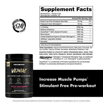 Anabolic Warfare Veiniac Muscle Pump Activator Supplement Stimulant Free Pre-Workout with L-Citrulline, Betaine Anhydrous, & Added AGMass , Supports Nitric Oxide*, Fruit Punch 20 Servings