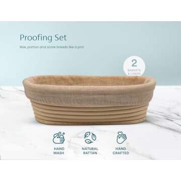 Proofing Set, by Kook, Sourdough Bread Baking Supplies, 2 Rattan Banneton Baskets, 2 Basket Covers, Metal Scraper, Plastic Scraper, Scoring Lame, 5 Blades and Case, Oval Shape