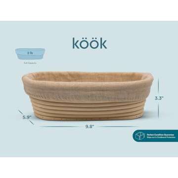 Proofing Set, by Kook, Sourdough Bread Baking Supplies, 2 Rattan Banneton Baskets, 2 Basket Covers, Metal Scraper, Plastic Scraper, Scoring Lame, 5 Blades and Case, Oval Shape